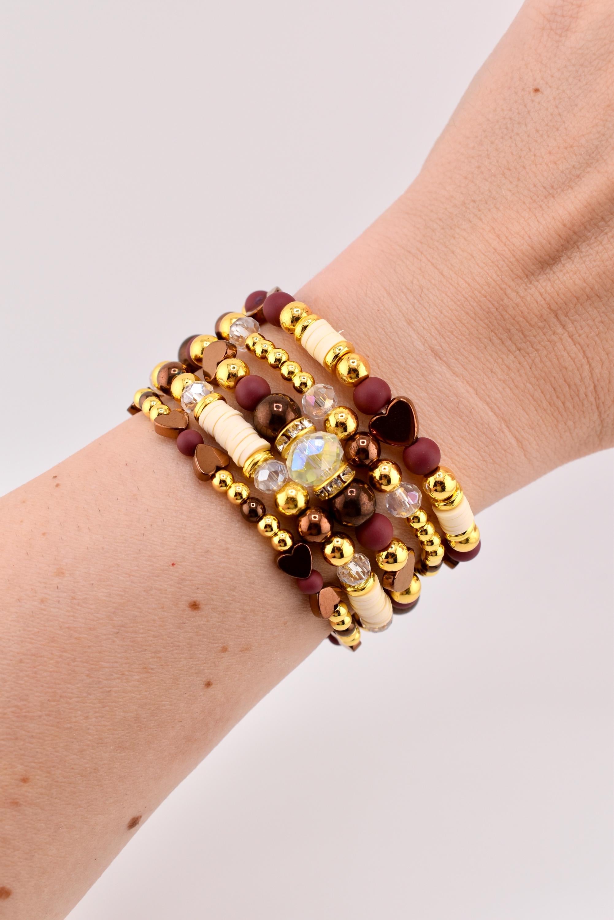 Fall Cabernet Bracelet Collection: Maroon, Gold, and Bronze Beaded Bracelets