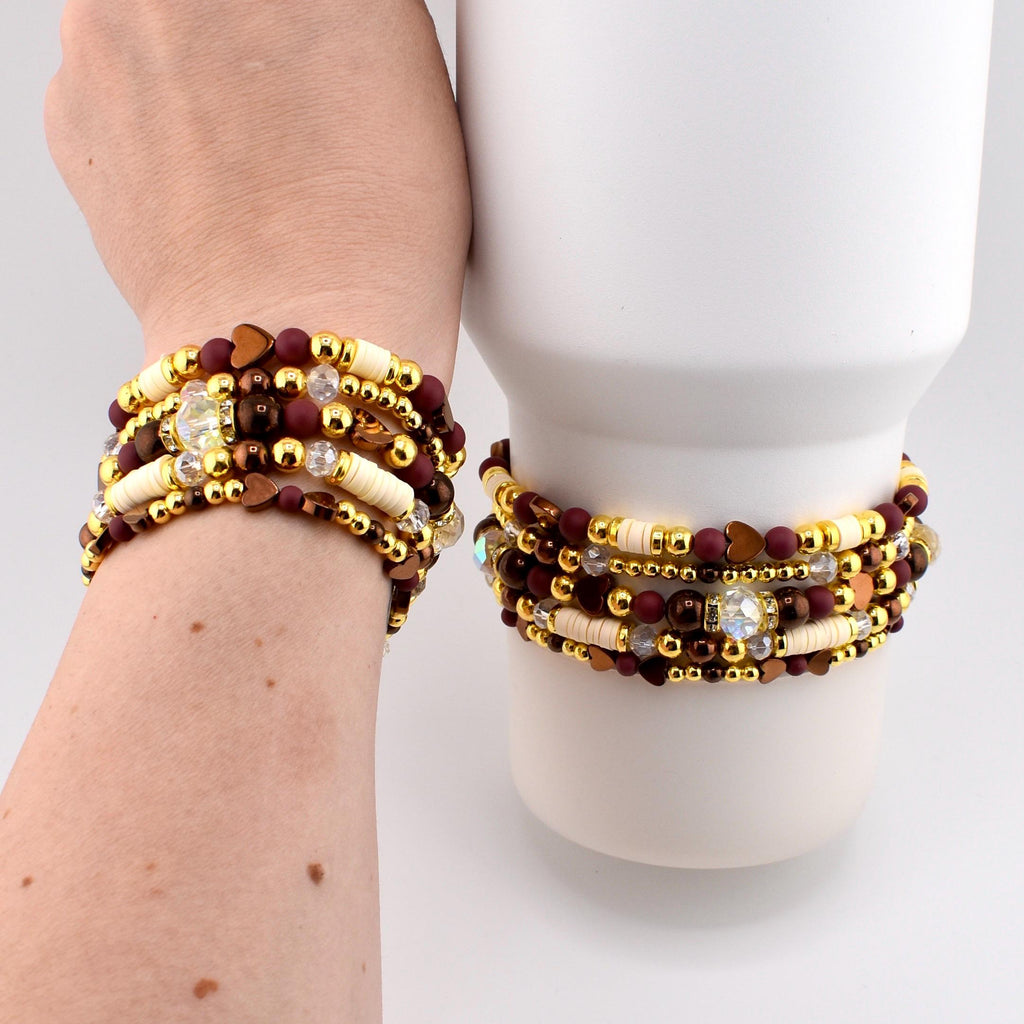 Fall Cabernet Bracelet Collection: Maroon, Gold, and Bronze Beaded Bracelets