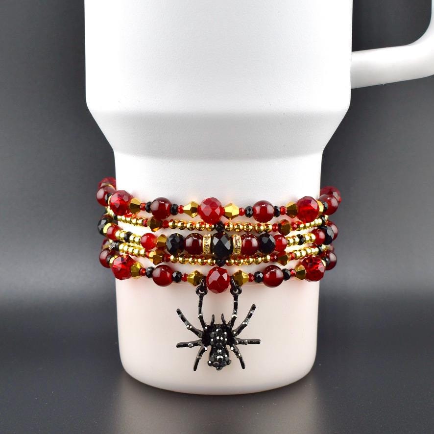 Bordeaux Lace Bracelet Collection: Red Black and Gold Beaded Bracelets with Rhinestone Spider Charm