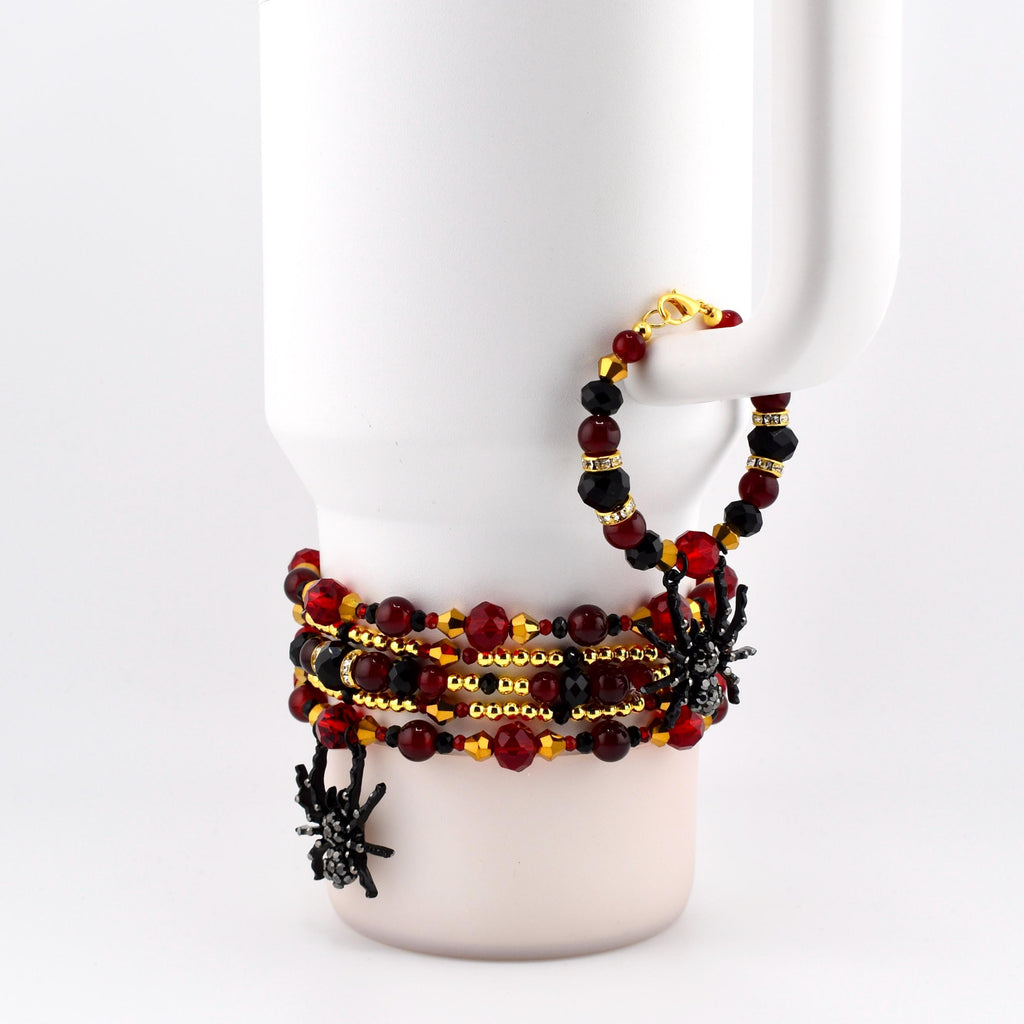 Bordeaux Lace Bracelet Collection: Red Black and Gold Beaded Bracelets with Rhinestone Spider Charm