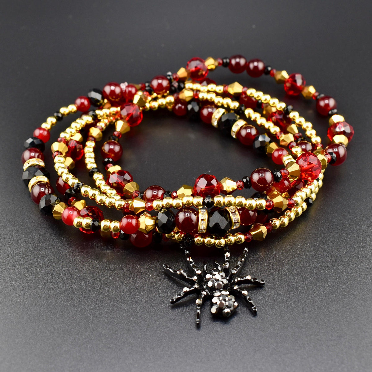 Bordeaux Lace Bracelet Collection: Red Black and Gold Beaded Bracelets with Rhinestone Spider Charm
