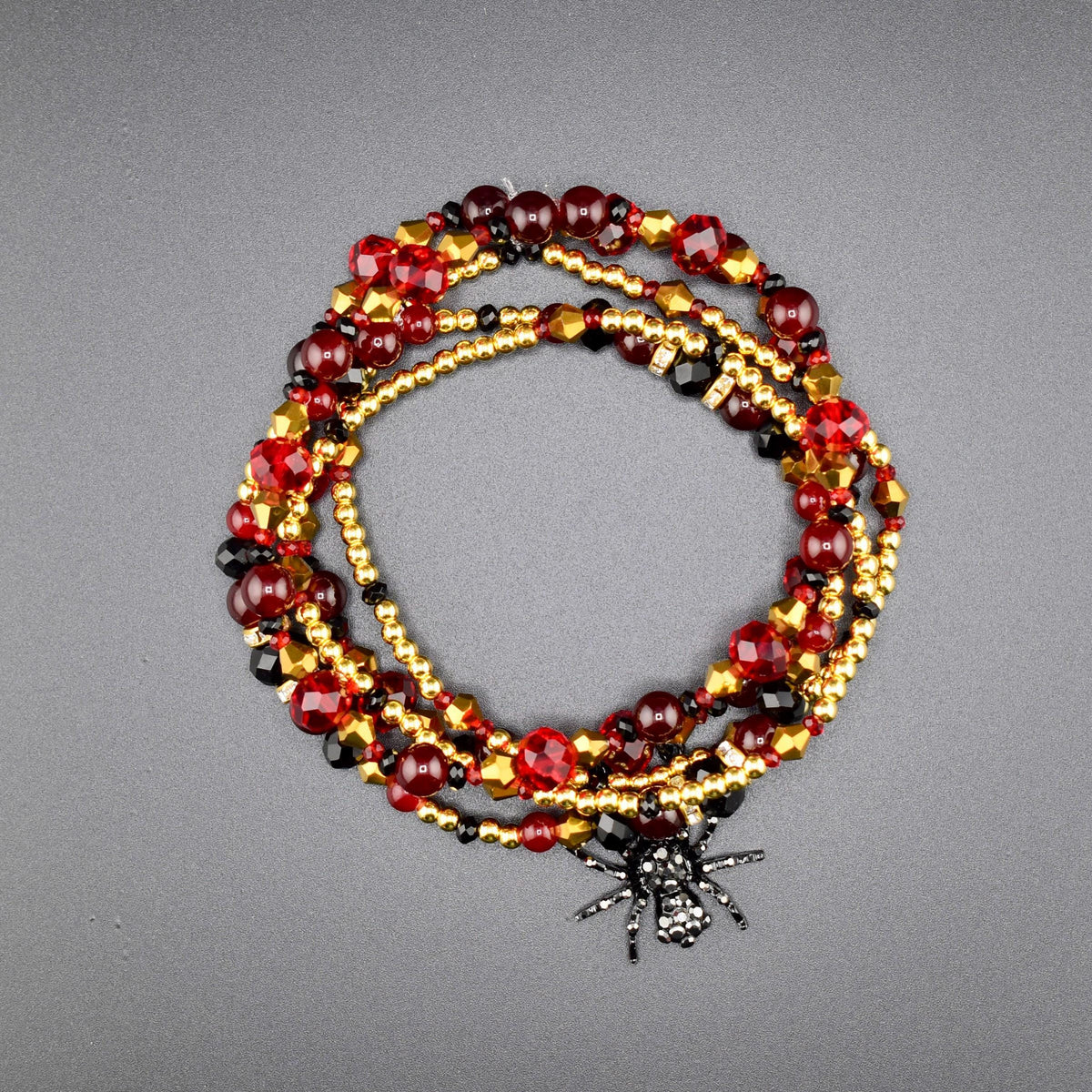 Bordeaux Lace Bracelet Collection: Red Black and Gold Beaded Bracelets with Rhinestone Spider Charm