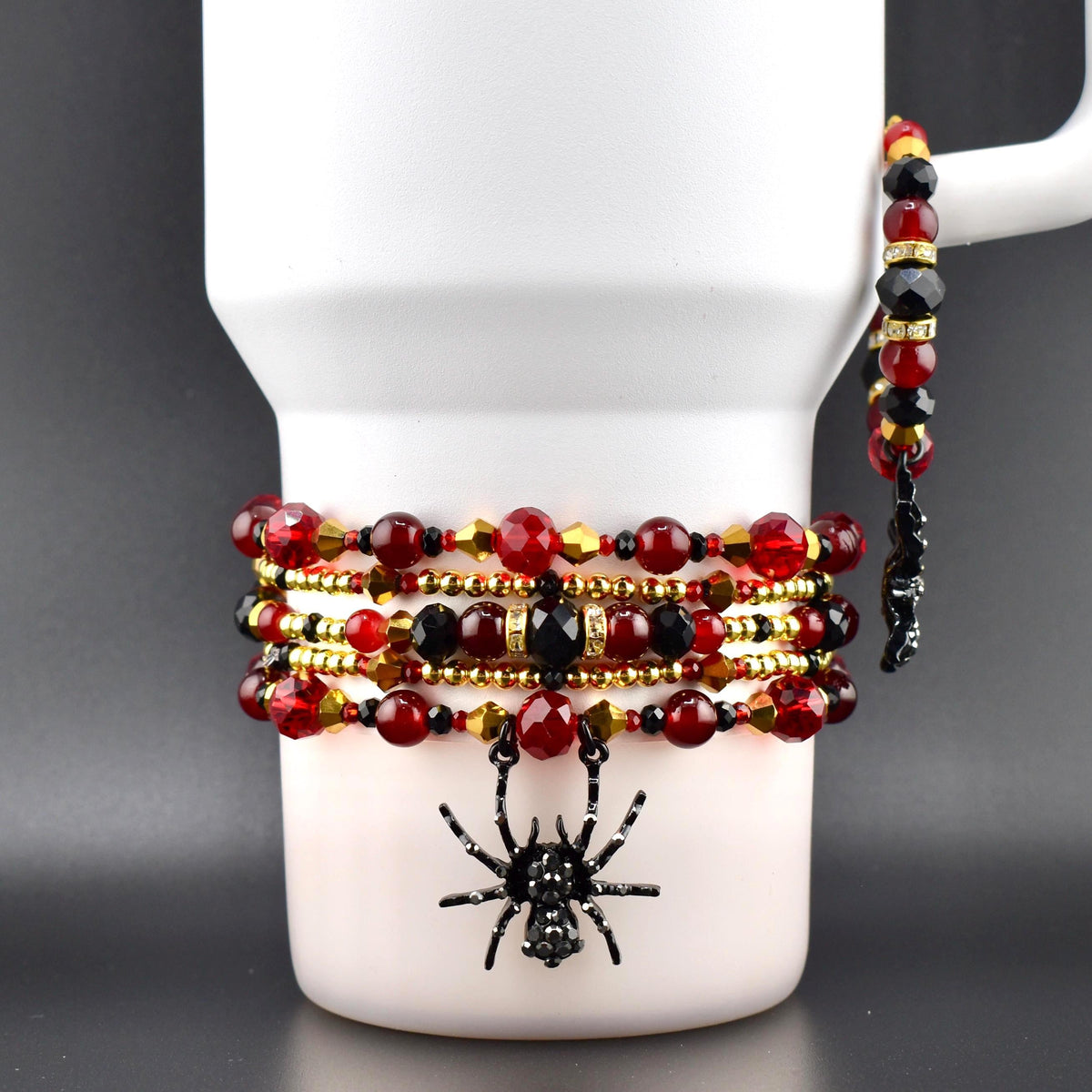 Bordeaux Lace Bracelet Collection: Red Black and Gold Beaded Bracelets with Rhinestone Spider Charm