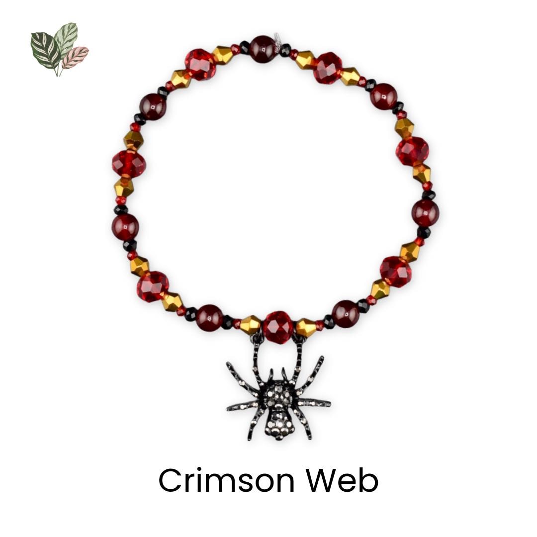 Bordeaux Lace Bracelet Collection: Red Black and Gold Beaded Bracelets with Rhinestone Spider Charm
