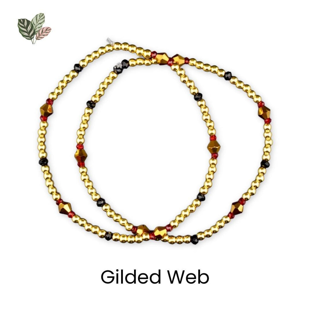 Bordeaux Lace Bracelet Collection: Red Black and Gold Beaded Bracelets with Rhinestone Spider Charm