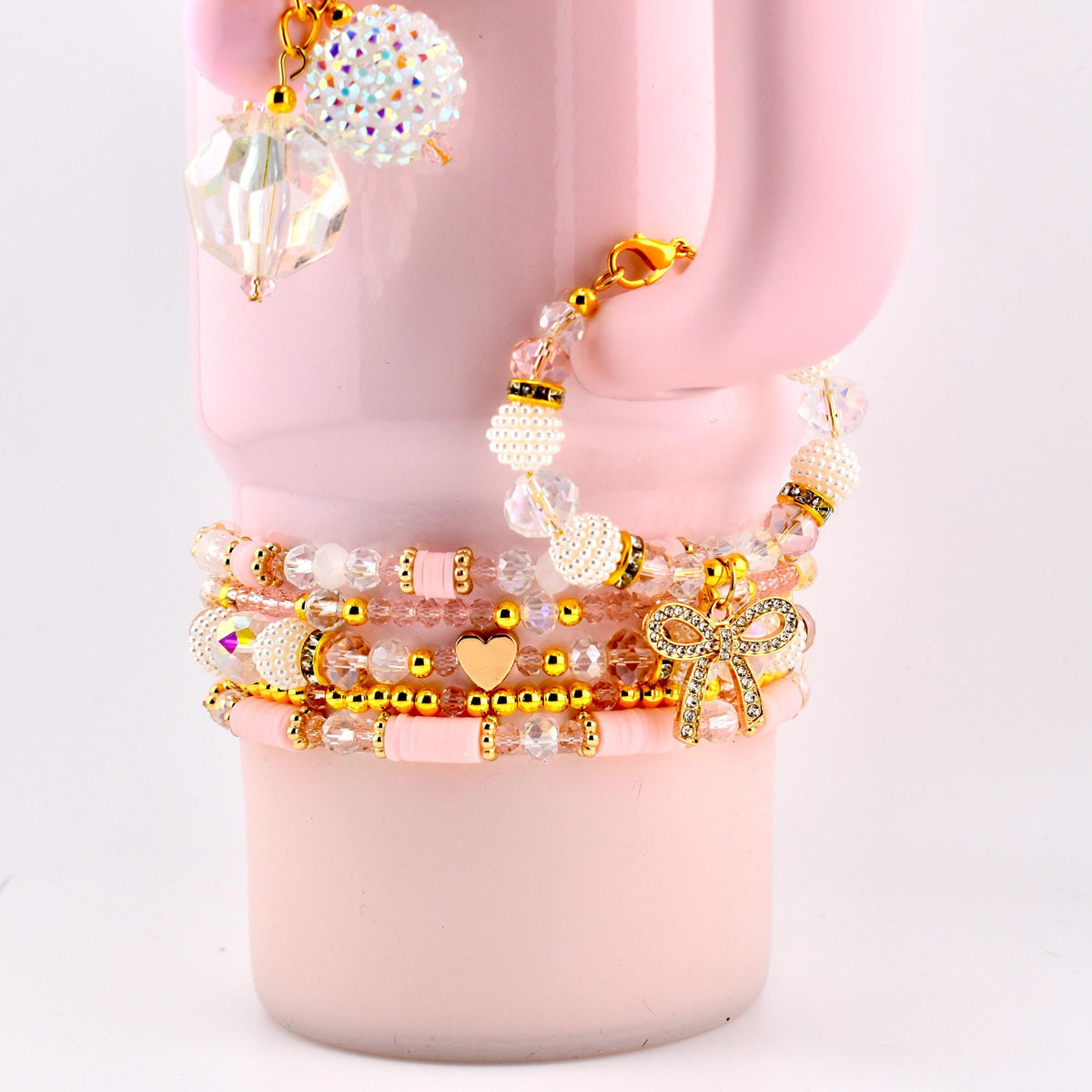 Blossom Gloss Tumbler Handle Charm Bracelet with Gold Rhinestone Bow Charm