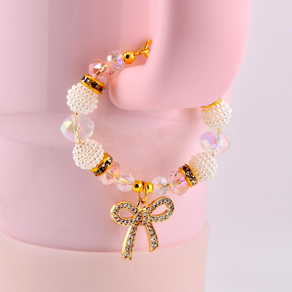 Blossom Gloss Tumbler Handle Charm Bracelet with Gold Rhinestone Bow Charm