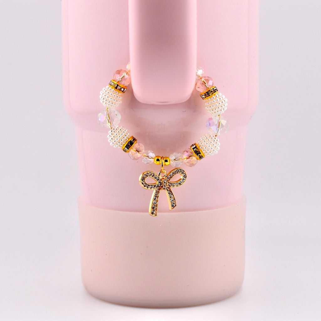 Blossom Gloss Tumbler Handle Charm Bracelet with Gold Rhinestone Bow Charm