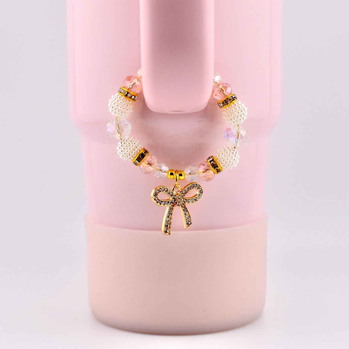 Blossom Gloss Tumbler Handle Charm Bracelet with Gold Rhinestone Bow Charm