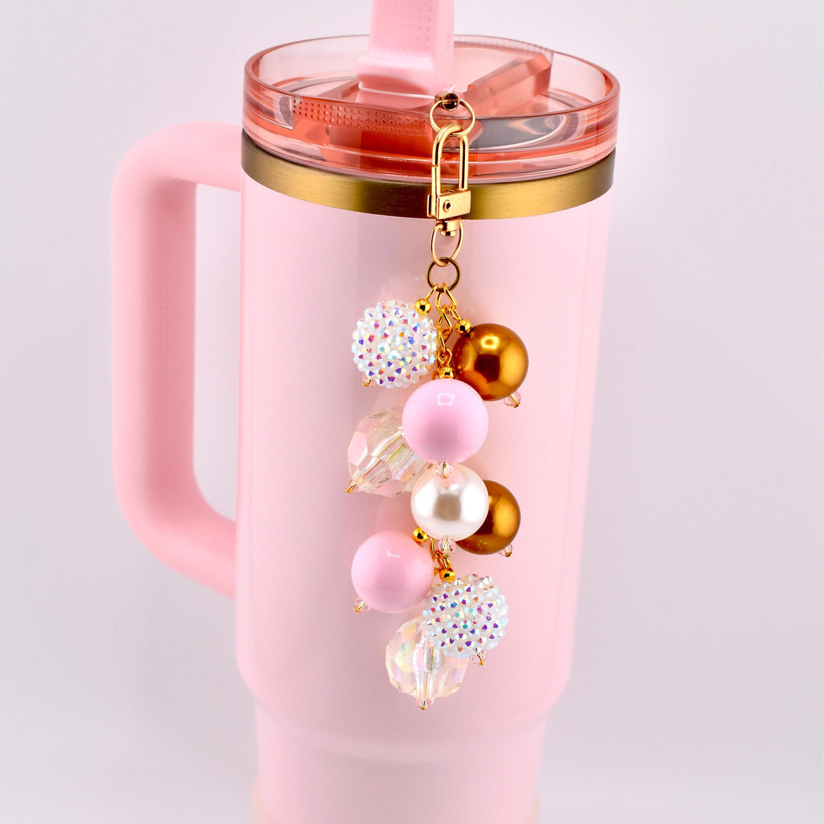 Blossom Gloss Tumbler Straw Charm: Pink Pearl and Gold Beaded Straw Dangle