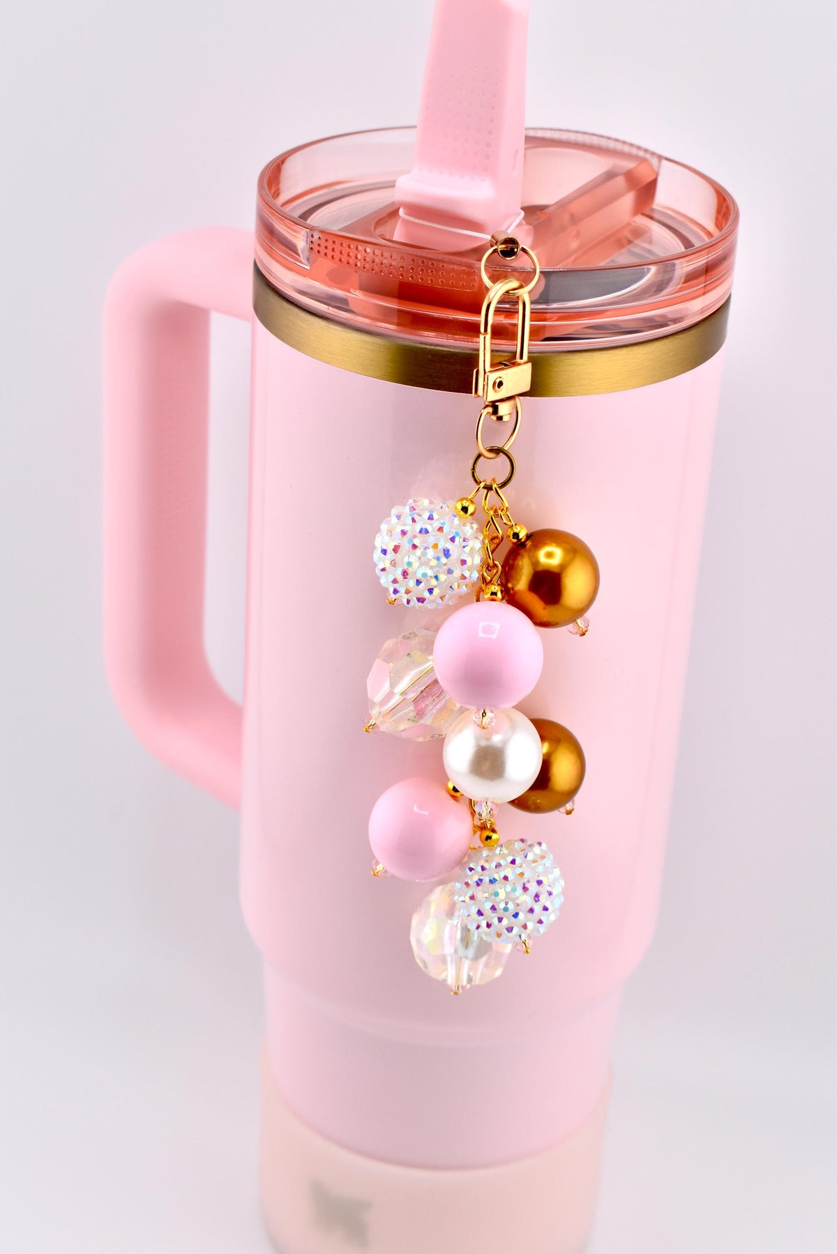 Blossom Gloss Tumbler Straw Charm: Pink Pearl and Gold Beaded Straw Dangle