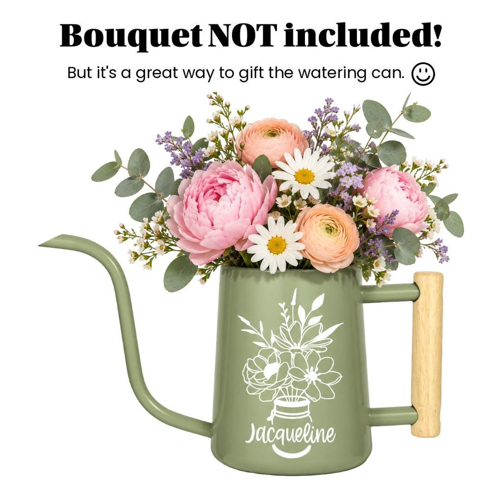 Watering Can with Personalized Name or Word and Floral Bouquet in Mason Jar Design