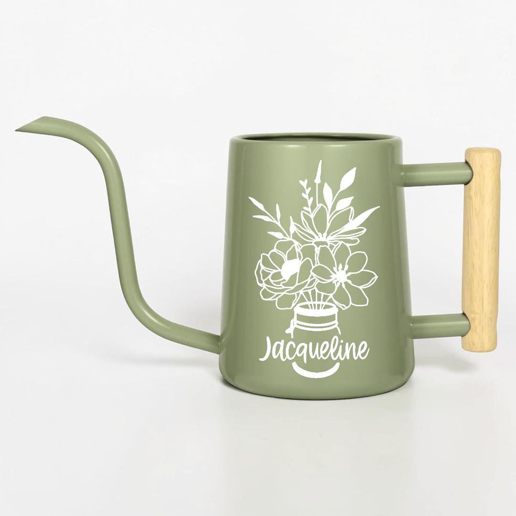 Watering Can with Personalized Name or Word and Floral Bouquet in Mason Jar Design