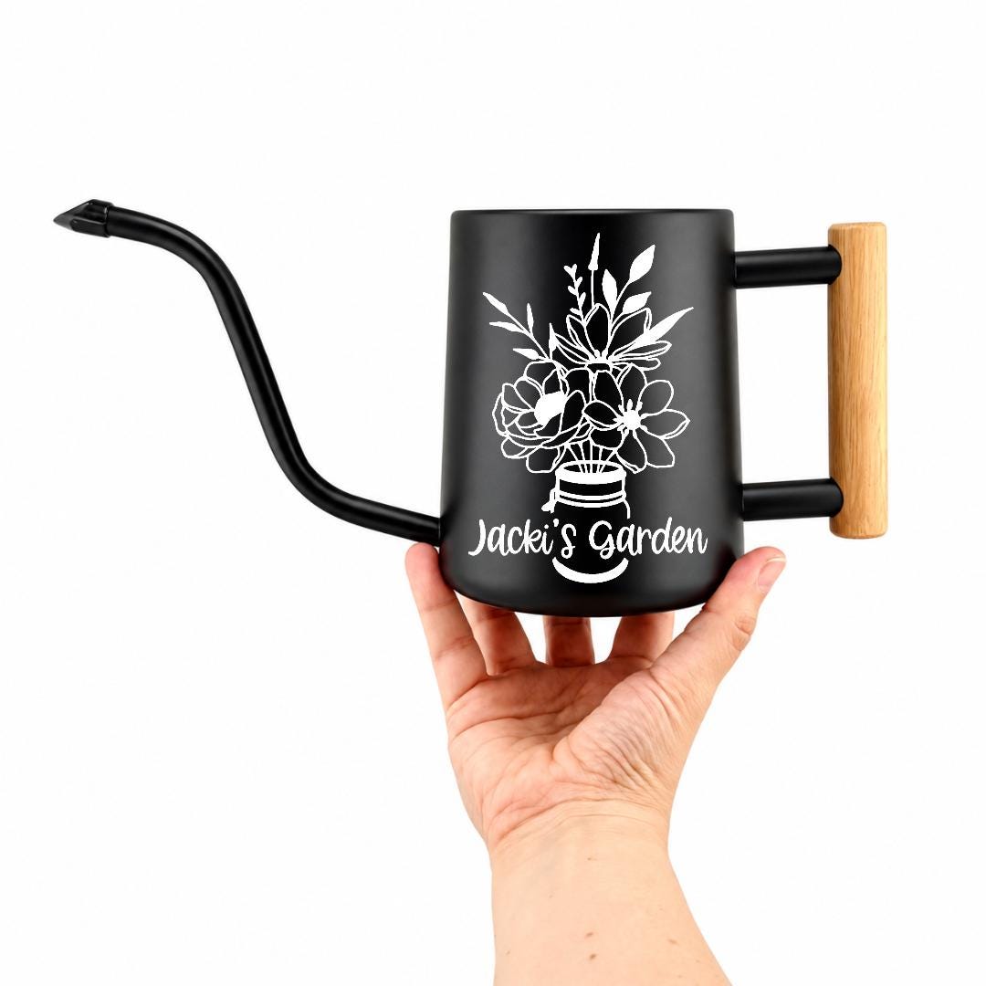 Watering Can with Personalized Name or Word and Floral Bouquet in Mason Jar Design