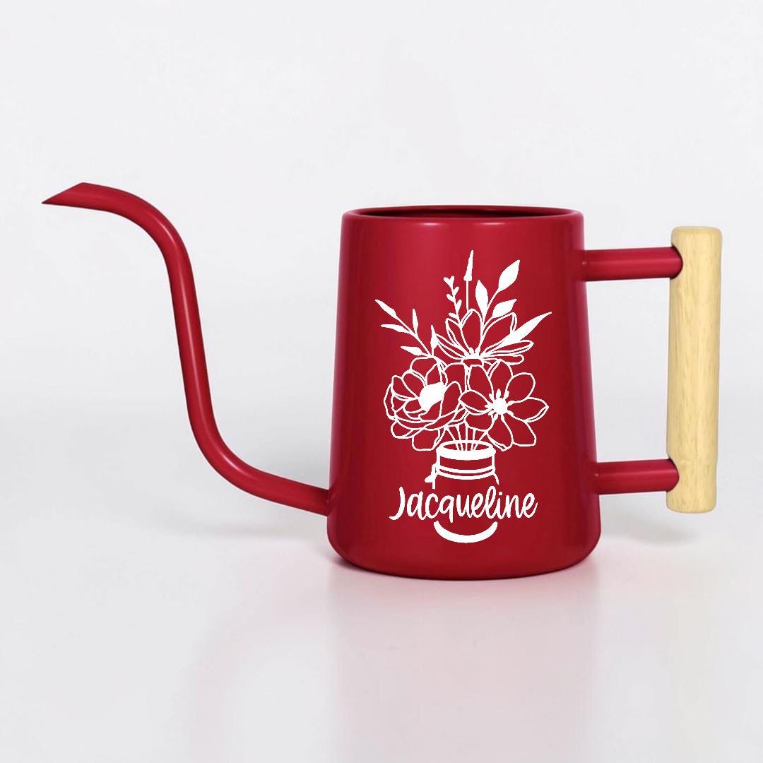 Watering Can with Personalized Name or Word and Floral Bouquet in Mason Jar Design