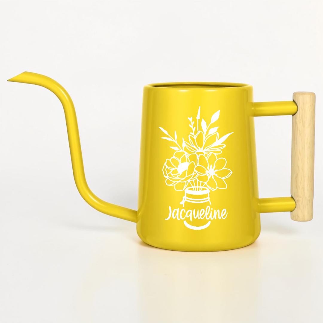 Watering Can with Personalized Name or Word and Floral Bouquet in Mason Jar Design