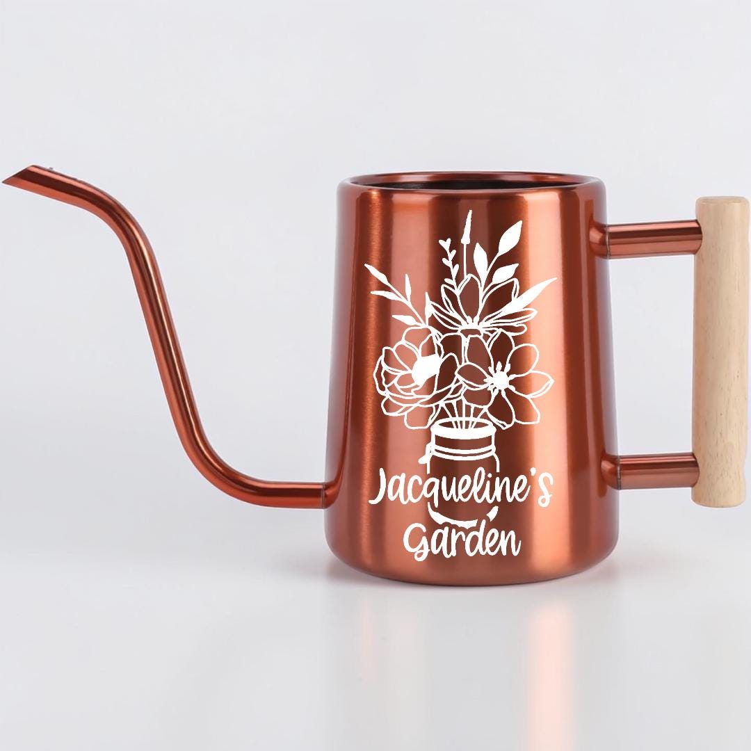 Watering Can with Personalized Name or Word and Floral Bouquet in Mason Jar Design