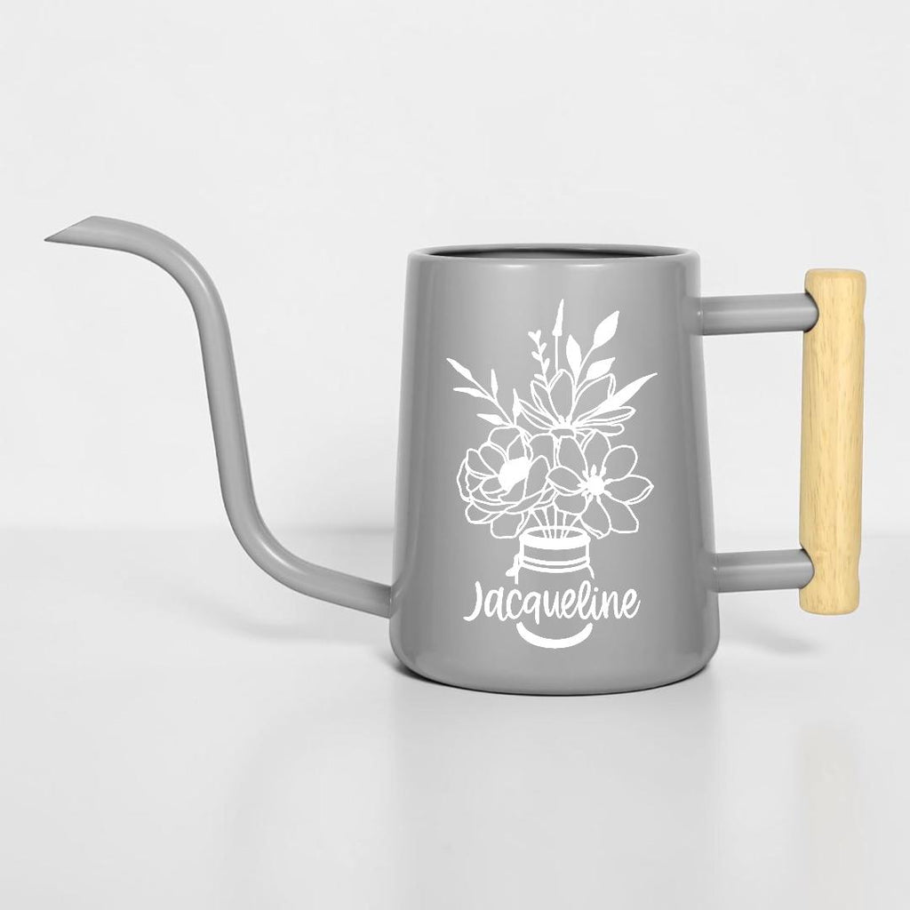Watering Can with Personalized Name or Word and Floral Bouquet in Mason Jar Design