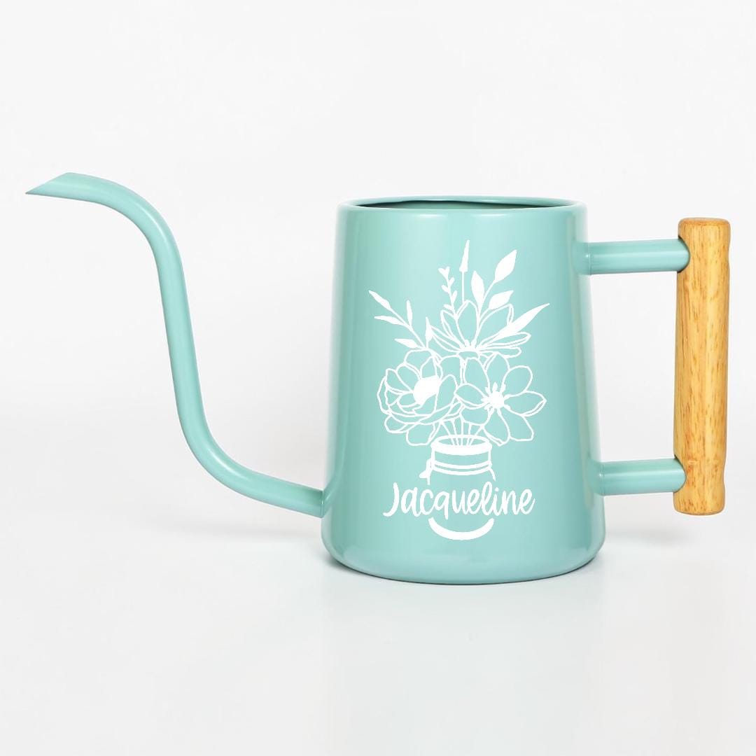 Watering Can with Personalized Name or Word and Floral Bouquet in Mason Jar Design