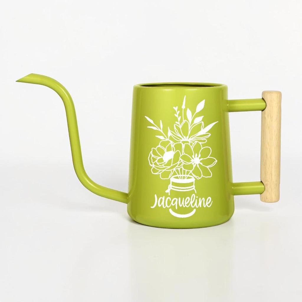 Watering Can with Personalized Name or Word and Floral Bouquet in Mason Jar Design