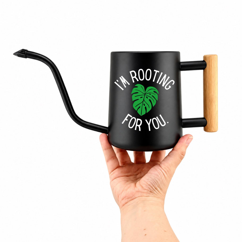Personalized Black Watering Can with I'm Rooting for You and Monstera Leaf Design