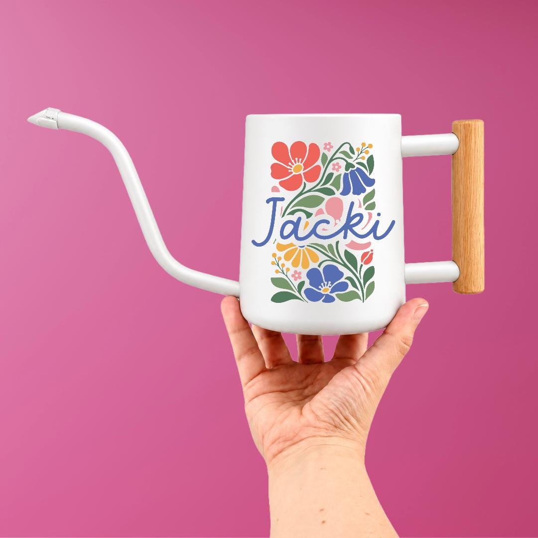 Personalized Watering Can with Colorful Floral Design and Name