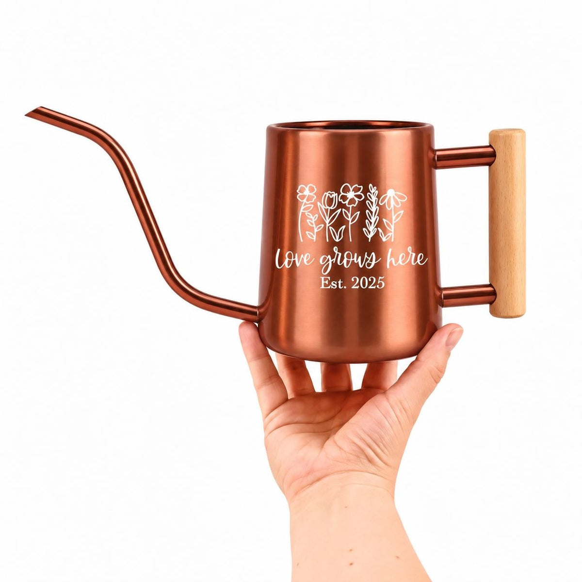 Personalized Watering Can: Stainless Steel with Wood Handle, Custom Name Design