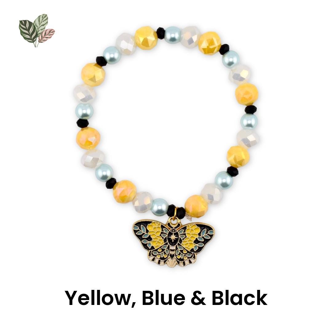 Moth Charm Beaded Stretch Bracelet | Celestial Enamel Moth Jewelry | Choose Your Color