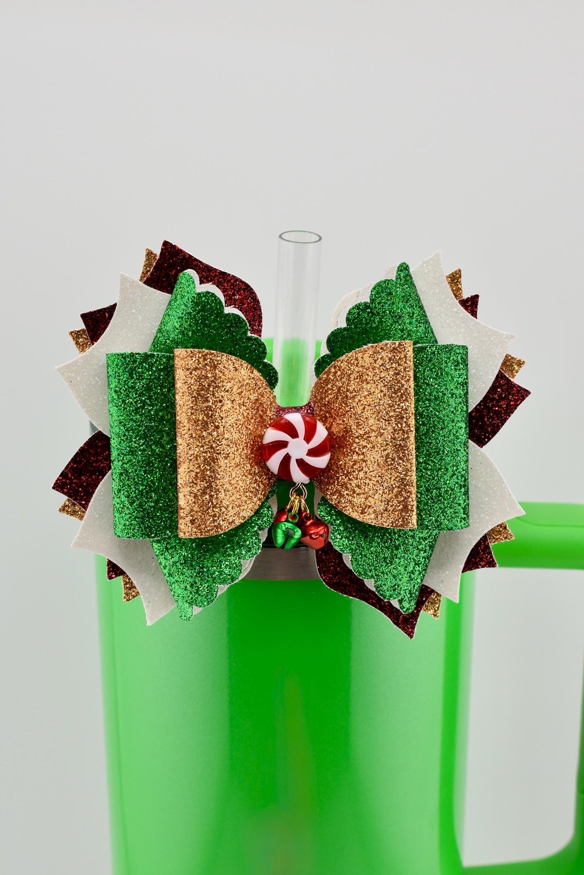 Christmas Tumbler Bow | Glitter Straw Bow for Tumbler, Peppermint Jingle Bell Tumbler Charm, Red Green Gold Holiday Water Bottle Bow