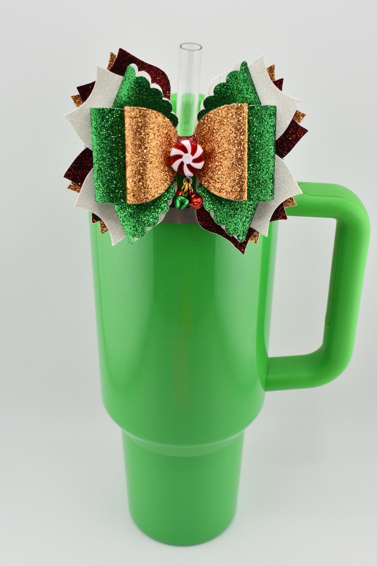 Christmas Tumbler Bow | Glitter Straw Bow for Tumbler, Peppermint Jingle Bell Tumbler Charm, Red Green Gold Holiday Water Bottle Bow