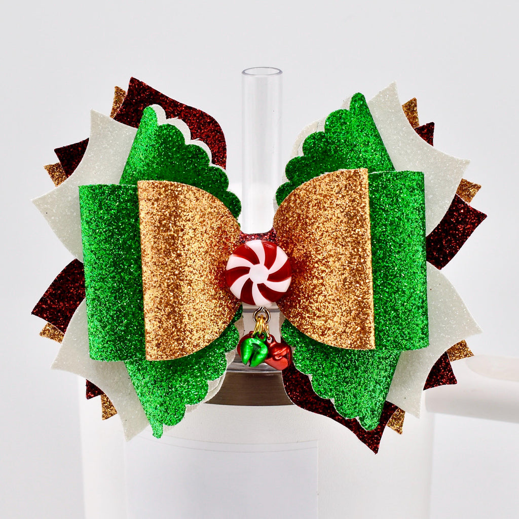 Christmas Tumbler Bow | Glitter Straw Bow for Tumbler, Peppermint Jingle Bell Tumbler Charm, Red Green Gold Holiday Water Bottle Bow
