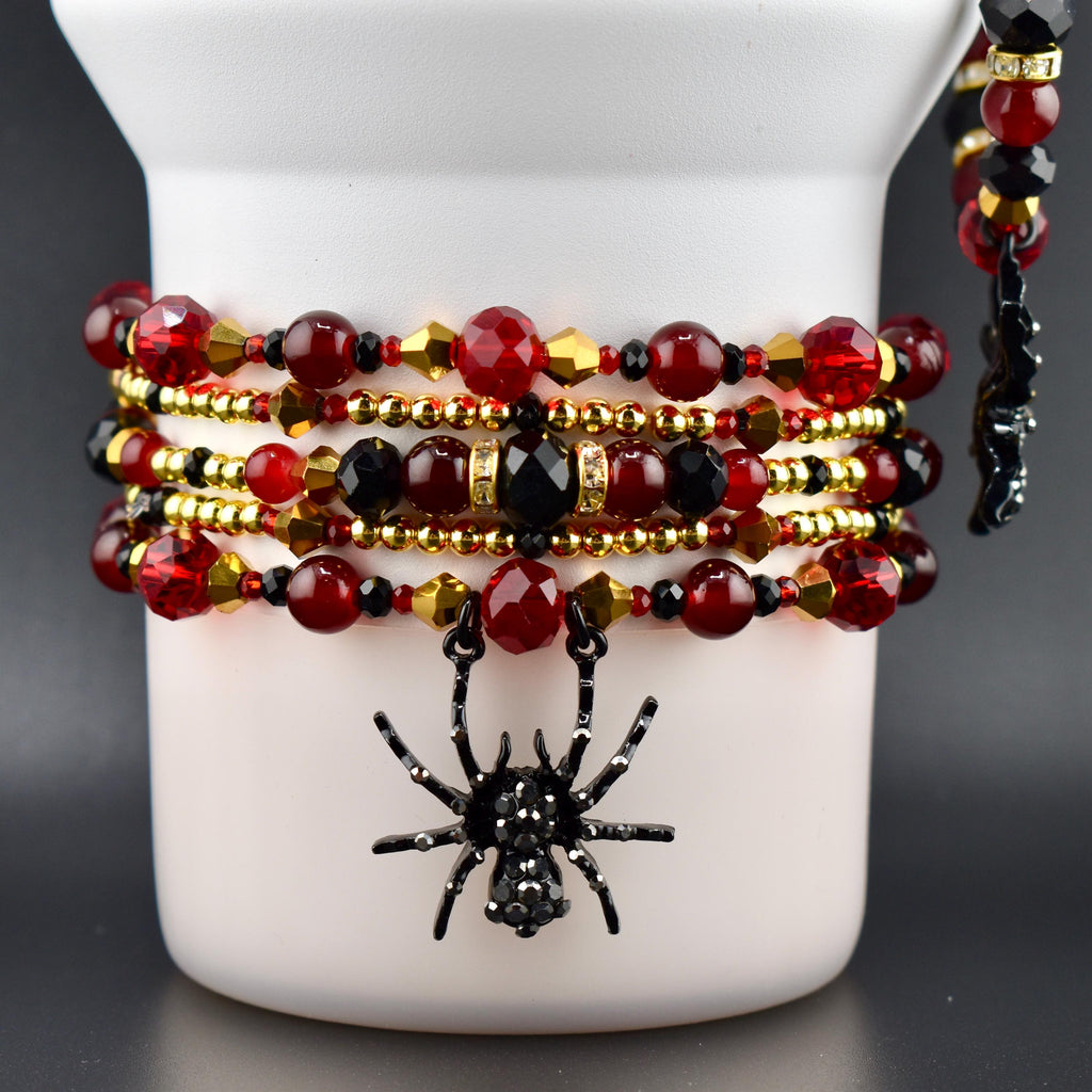 Bordeaux Lace Bracelet Collection: Red Black and Gold Beaded Bracelets with Rhinestone Spider Charm