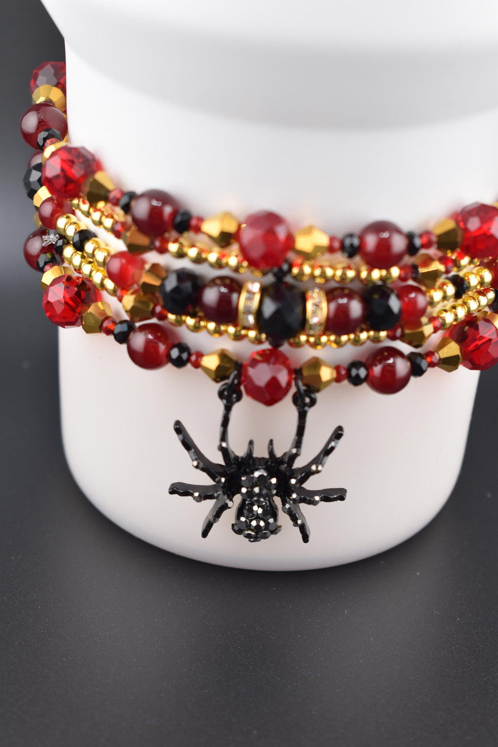 Bordeaux Lace Bracelet Collection: Red Black and Gold Beaded Bracelets with Rhinestone Spider Charm