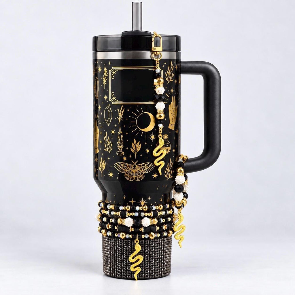 Black and Gold Snake or Moth Straw Charm