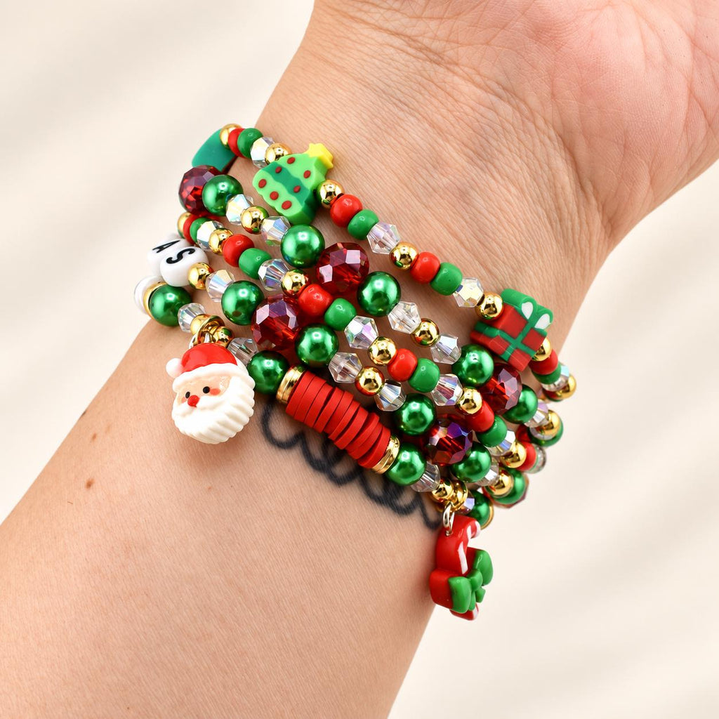 Merry Christmas Beaded Bracelet Stack – Red, Green & Gold Holiday Charm Bracelets