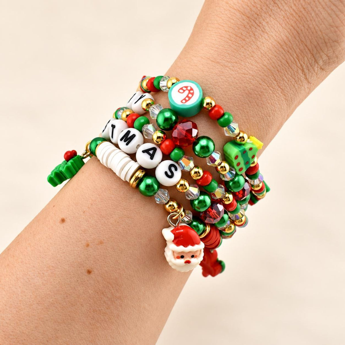 Merry Christmas Beaded Bracelet Stack – Red, Green & Gold Holiday Charm Bracelets