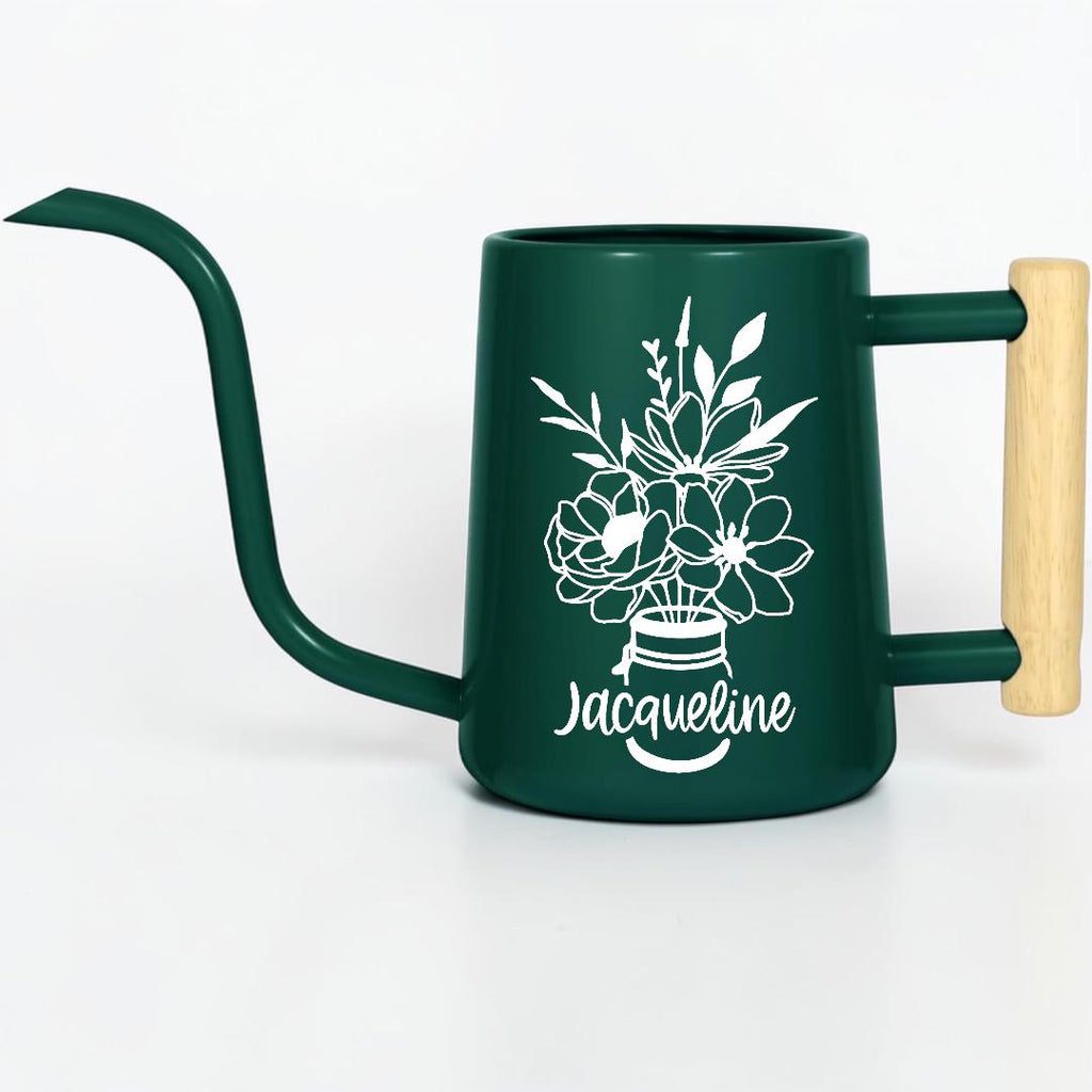 Watering Can with Personalized Name or Word and Floral Bouquet in Mason Jar Design
