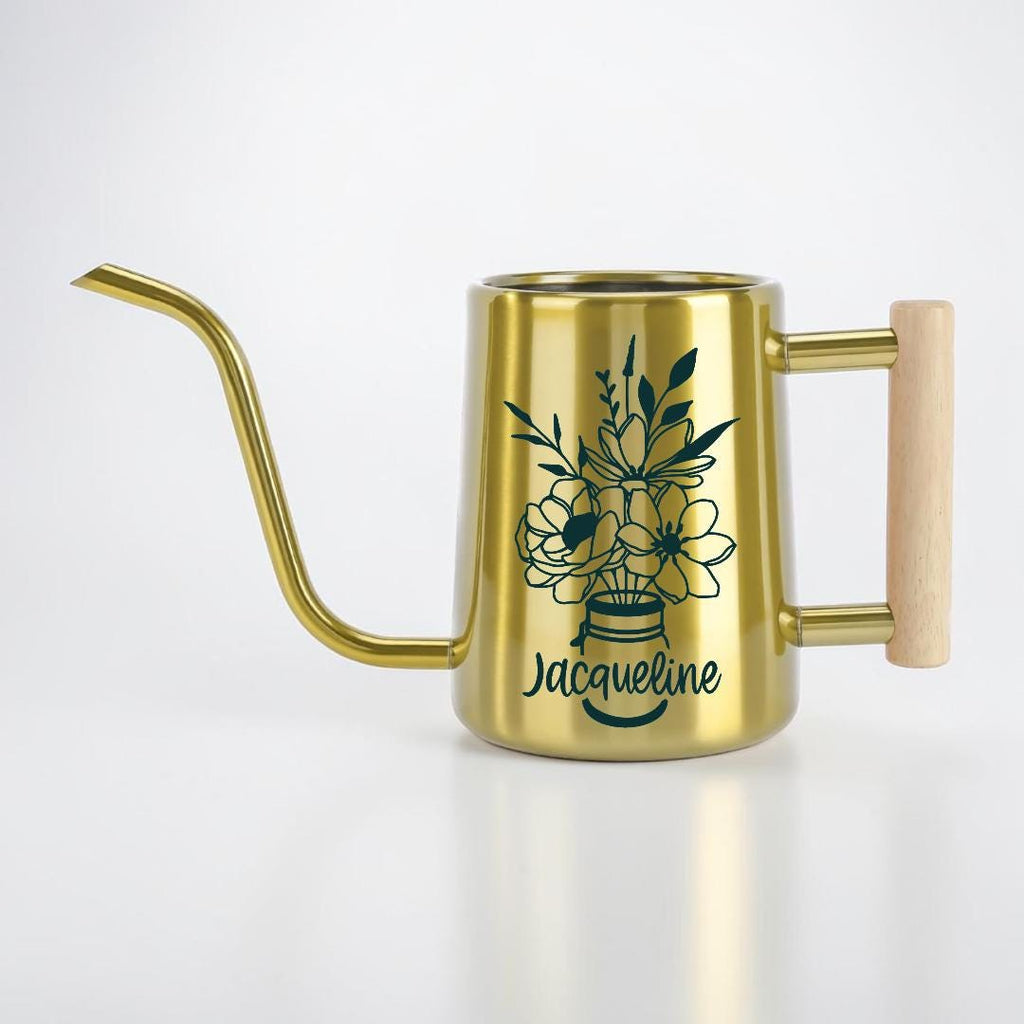Watering Can with Personalized Name or Word and Floral Bouquet in Mason Jar Design