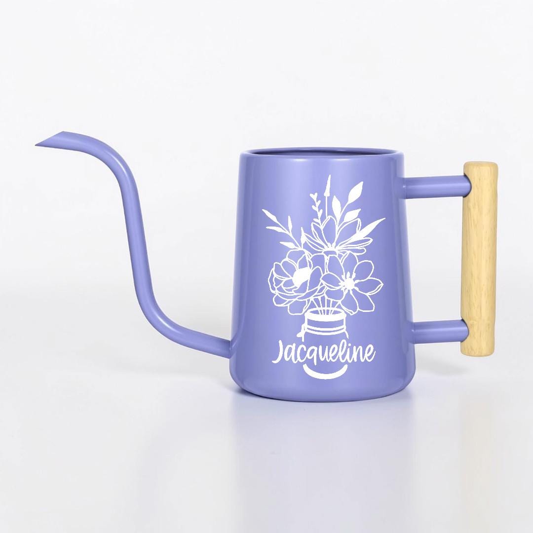 Watering Can with Personalized Name or Word and Floral Bouquet in Mason Jar Design