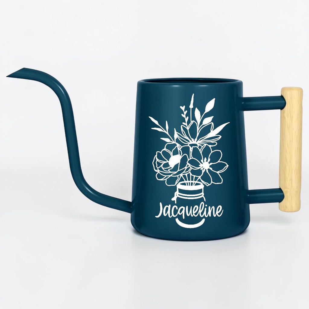 Watering Can with Personalized Name or Word and Floral Bouquet in Mason Jar Design