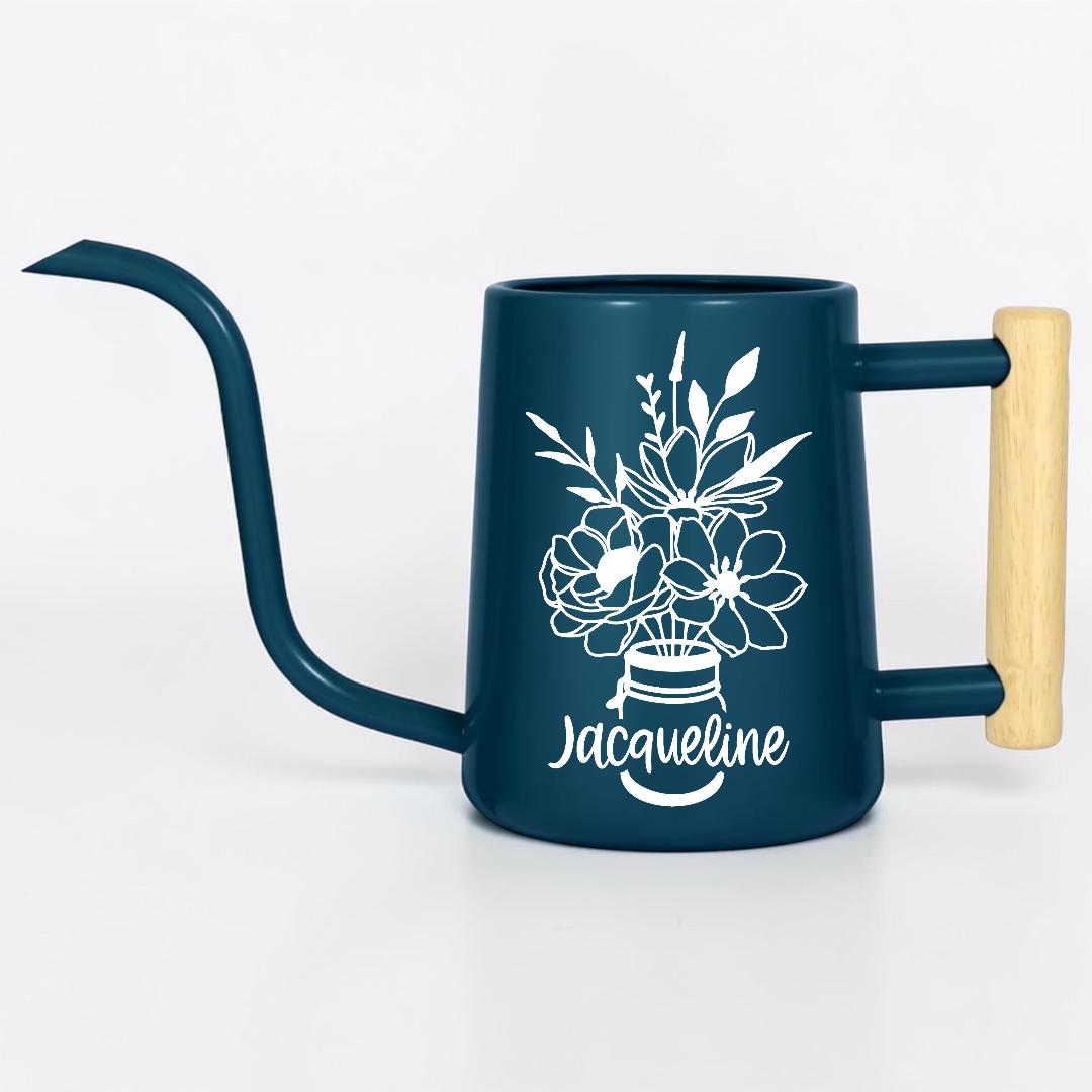 Watering Can with Personalized Name or Word and Floral Bouquet in Mason Jar Design