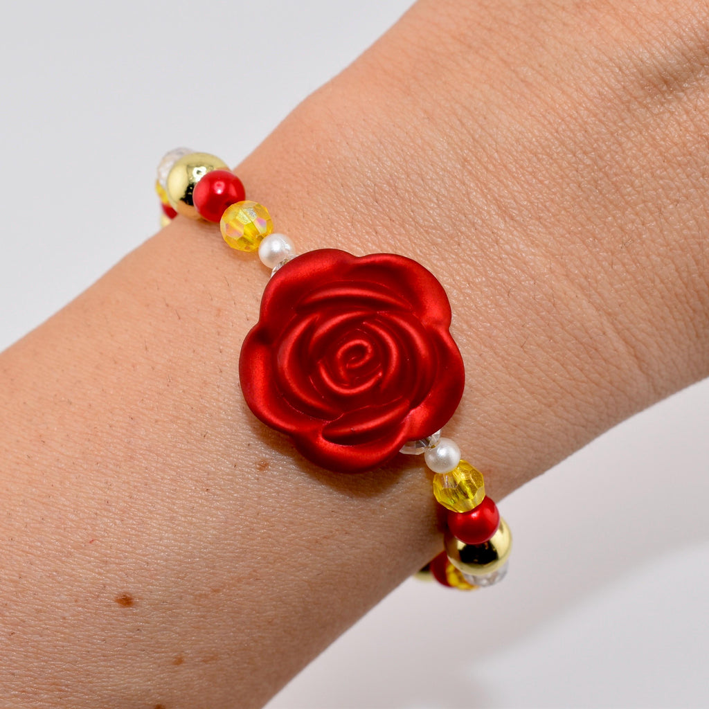 Princess Jewelry Collection Belle Bracelet Design Enchanted Rose Charm Centerpiece Golden Yellow Crystals Ruby Red Pearl Accents Beauty Beast Inspired Accessories Disney Character Jewelry Perfect Party Outfit Gift For Disney Fan Adult Kids