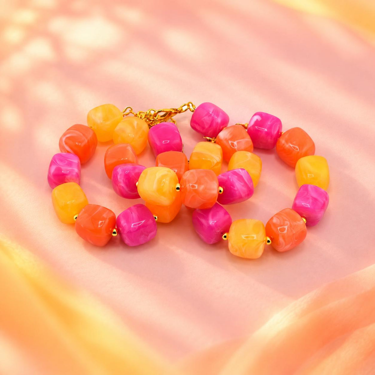 Sunset Sorbet Chunky Beaded Bracelet | Pink, Orange & Yellow | 7” with Extender