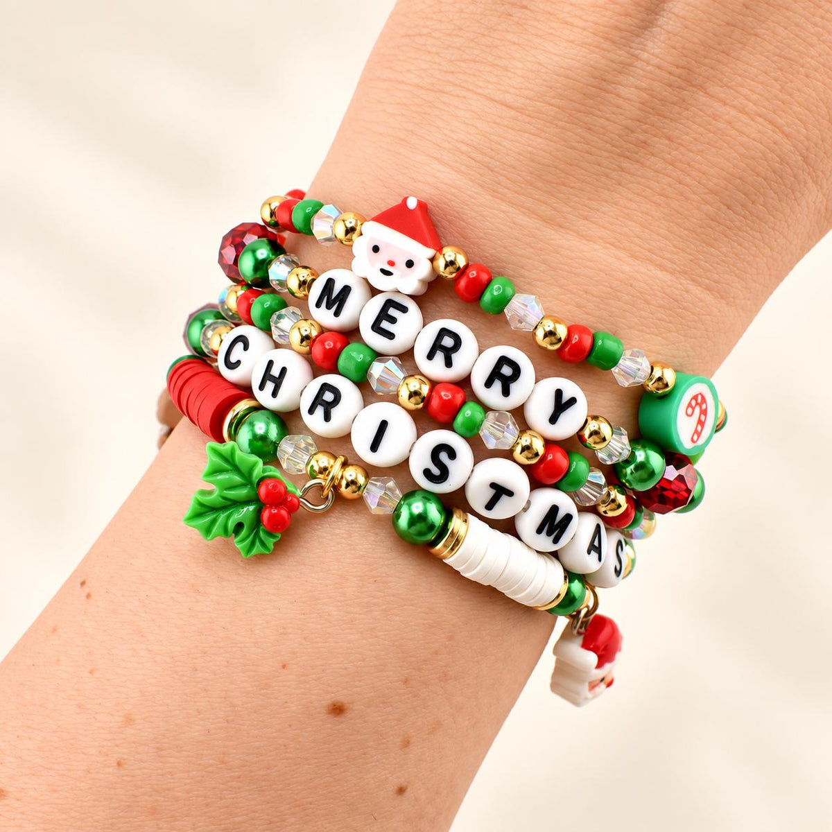 Merry Christmas Beaded Bracelet Stack – Red, Green & Gold Holiday Charm Bracelets