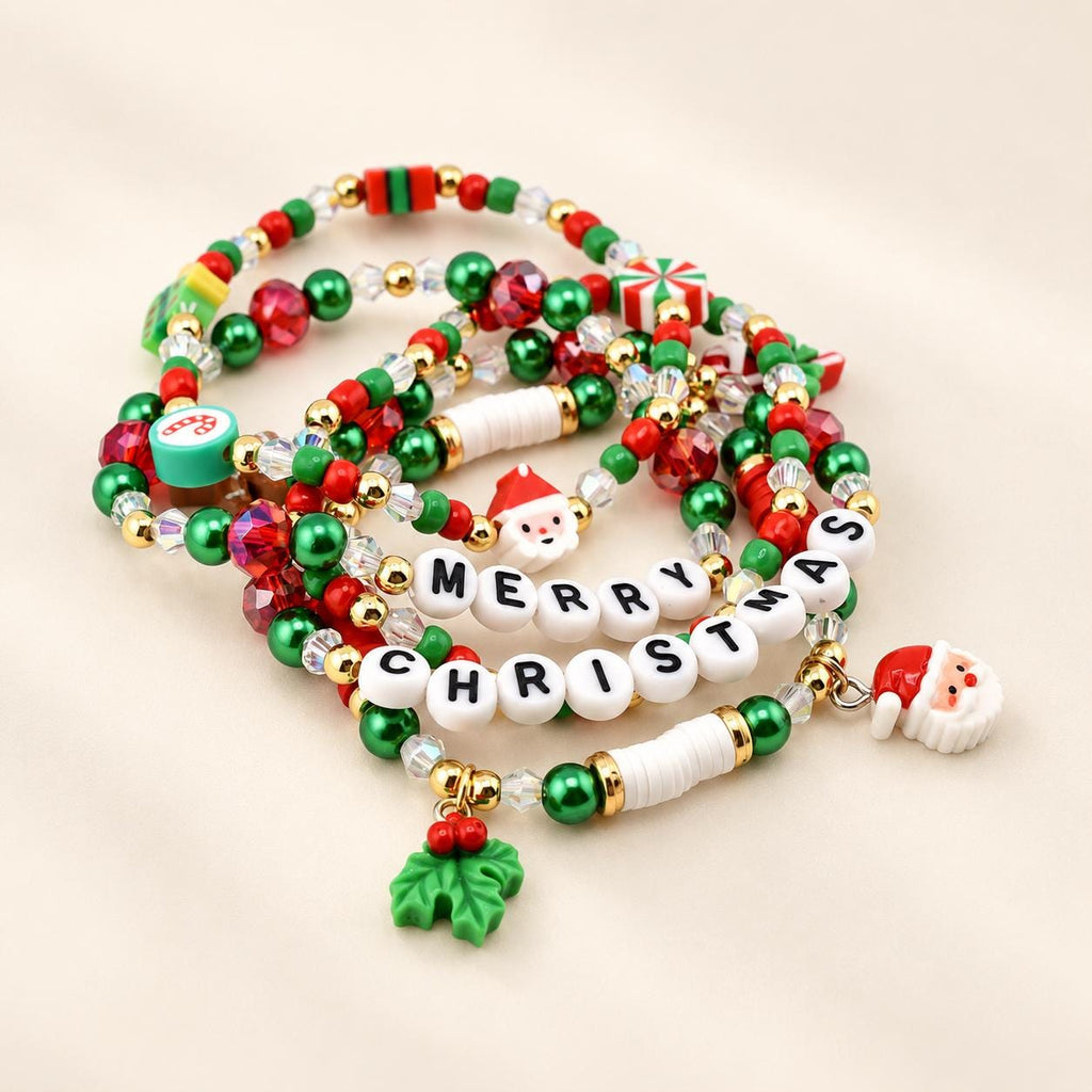 Merry Christmas Beaded Bracelet Stack – Red, Green & Gold Holiday Charm Bracelets