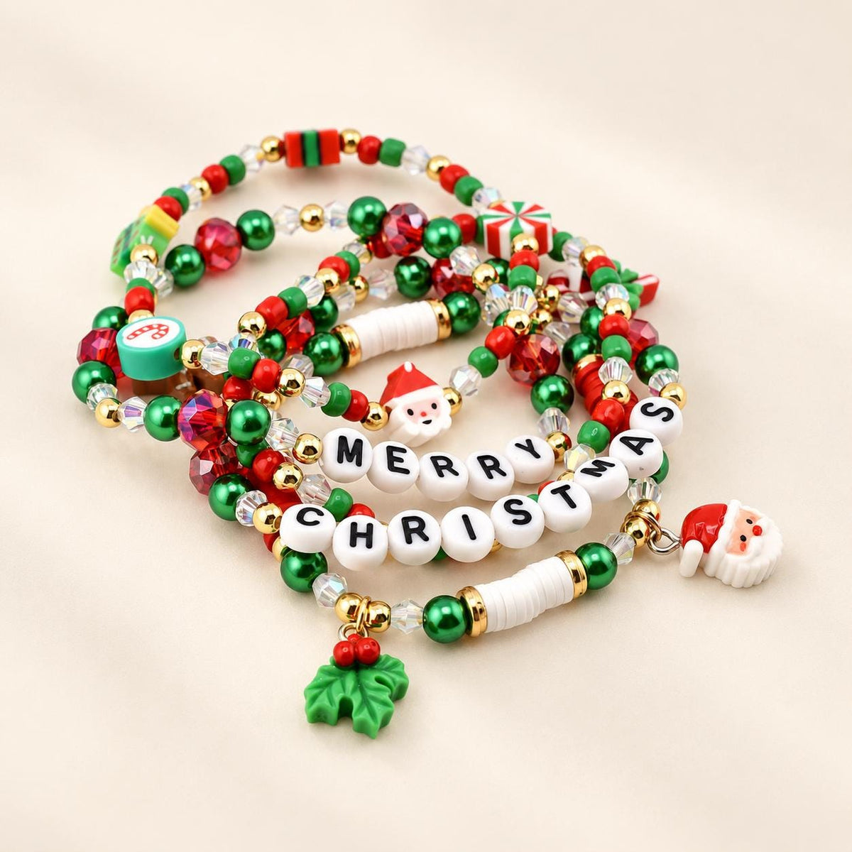 Merry Christmas Beaded Bracelet Stack – Red, Green & Gold Holiday Charm Bracelets