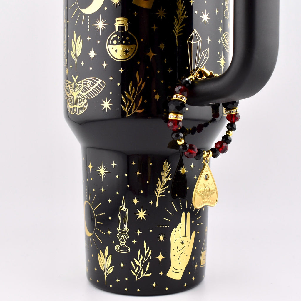 Gothic Ruby Noir Tumbler Handle Bracelet: Halloween 18K Gold Plated Ouija Charm Tumbler Accessory