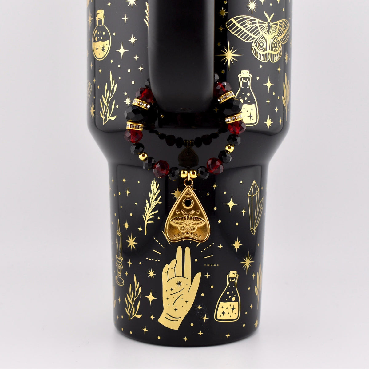 Gothic Ruby Noir Tumbler Handle Bracelet: Halloween 18K Gold Plated Ouija Charm Tumbler Accessory