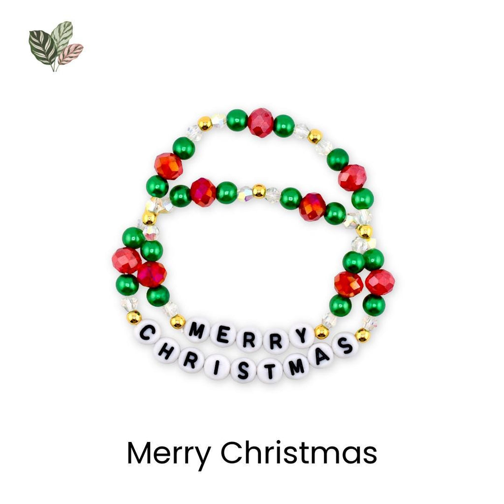 Merry Christmas Beaded Bracelet Stack – Red, Green & Gold Holiday Charm Bracelets