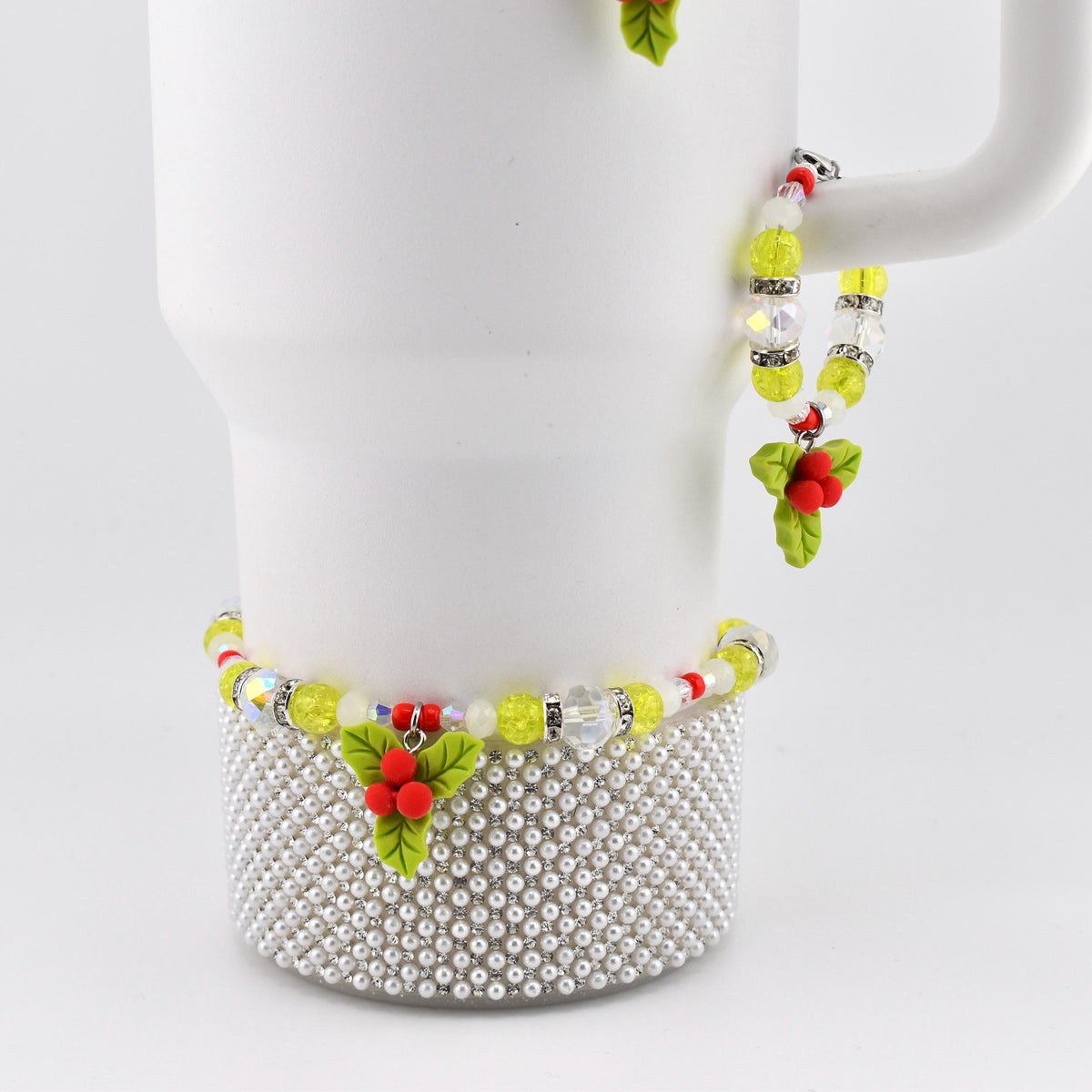 Handmade Christmas Holly Beaded Bracelet | Festive Crystal Accents, Tumbler Accessory